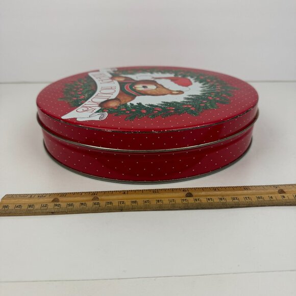 Vtg Round Metal Tin Teddy Bear Happy Holidays Red w Polka Dots 10in Diameter - Picture 13 of 13